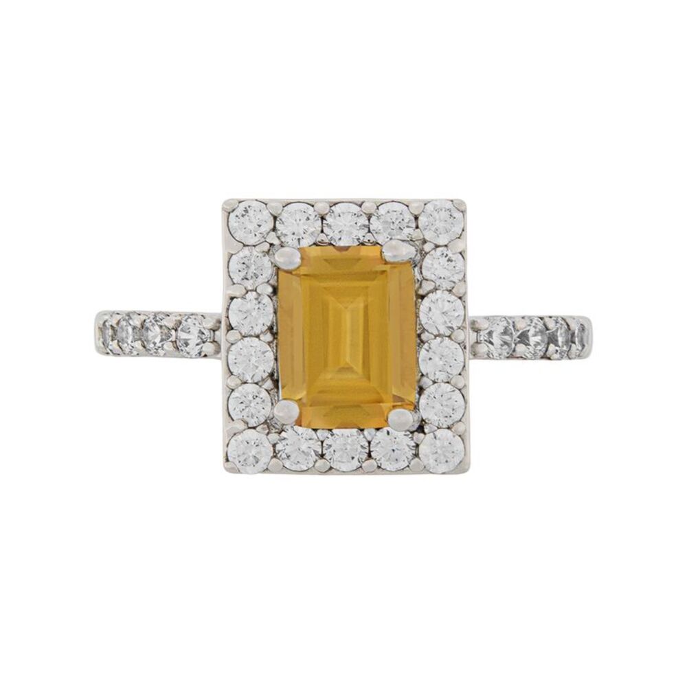 14K White Gold Plated Lab Created Emerald Cut Yellow Sapphire Ring, Size 8